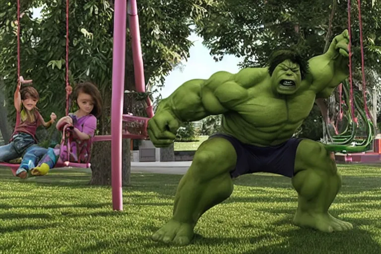 Image similar to hulk in a kid's swing at the children park, still shot from the new hulk movie, 4 k