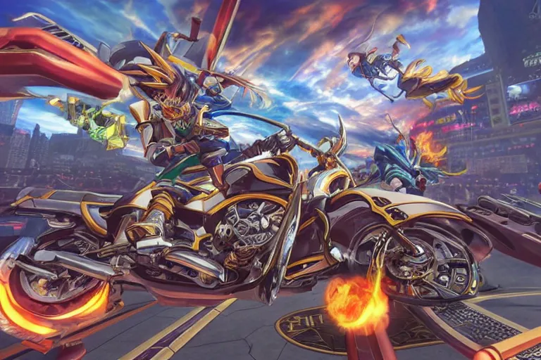 Prompt: an ultra detailed 3 d vector render of card games on motorcycles, yu - gi - oh anime, ultrawide lense, aerial photography, 8 k, volumetric lighting, smooth, highly detailed, digital illustration, art by greg rutkowski and akira toriyama and artgerm