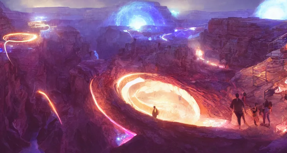 Image similar to night, a lot of people and a spiral - shaped white luminous attractor is floating in grand canyon, concept art, art for the game, professional lighting, art