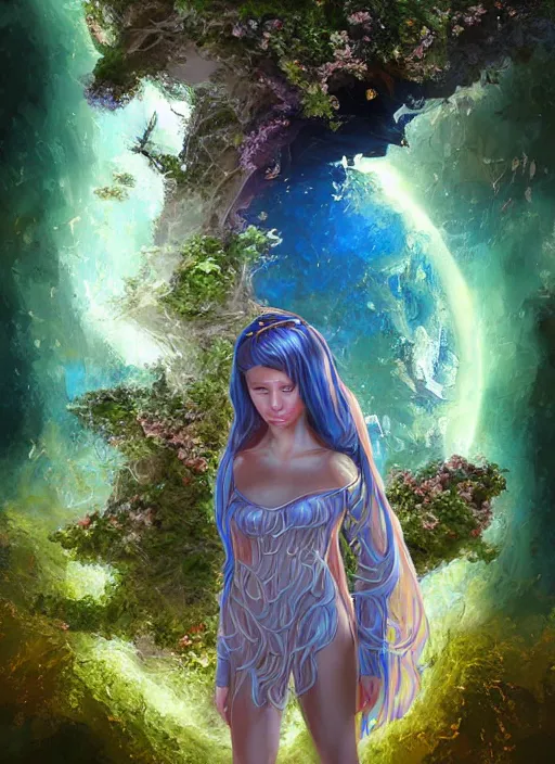 Prompt: portrait of teen Italian as a Celestial Goddess of a futuristic airforce, inside future fighter, sci-fi, fantasy, intricate, lush garden spaceship with sakura season flowers in Waimea canyon Kauai, elegant, human anatomy, royal green and nature light, royal blue emotions, highly detailed, digital painting, artstation, concept art, smooth, sharp focus, illustration, art by tian zi and James Jean and alphonse mucha, masterpiece