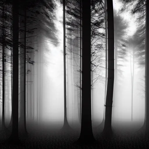 Image similar to hundreds of shadow people hidden in forest, staring with glowing white eyes, hyperrealistic, 8k, extremely detailed, black and white, foggy, grainy, very old