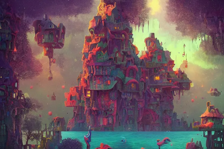 Image similar to a peculiar, beautiful dreamscape with strange inhabitants | | strange dwellings | | colorful, organic painting by max masnyy, jakub gazmercik, beeple, patrick faulwetter, heavenlydaemonic, and mc escher, surrealism, trending on artstation