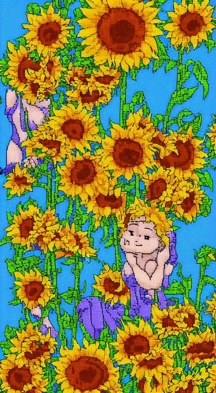 Prompt: dreamy day in sunflowers fiend in pixelart style, highly detailed, 8 k