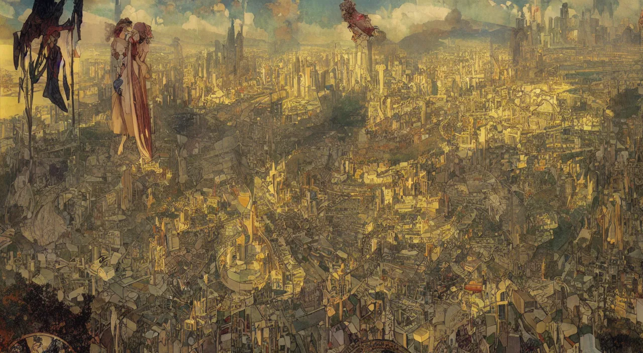 Image similar to A beautiful landscape painting of dystopian london by Alfons Maria Mucha and Yoshitaka Amano and richard dadd