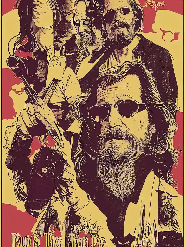 Prompt: art of The Dude from the big lebowski, jeff bridges, poster the style of Moebius