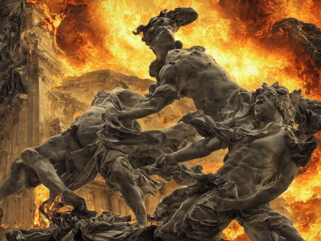 Image similar to giant greek statue attacking a city, city destruction ruins, debris flying around, swirls of fire