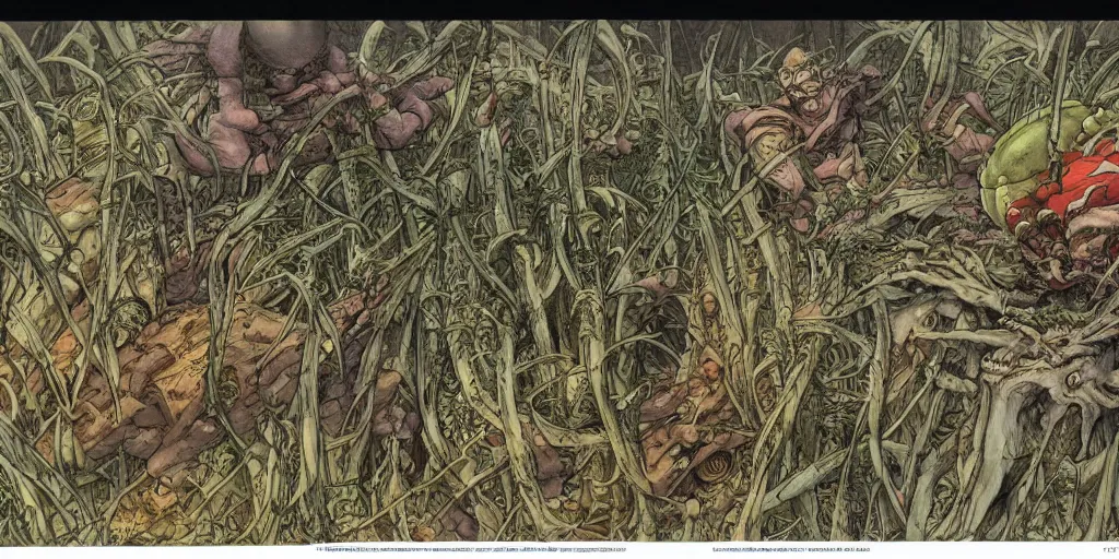 Image similar to high resolution scan of the pages of the cursed herbarium, by akira toriyama, by john howe