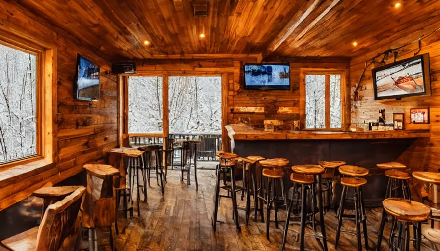 Image similar to empty cozy bar in small cabin, warm, outside winter landscape