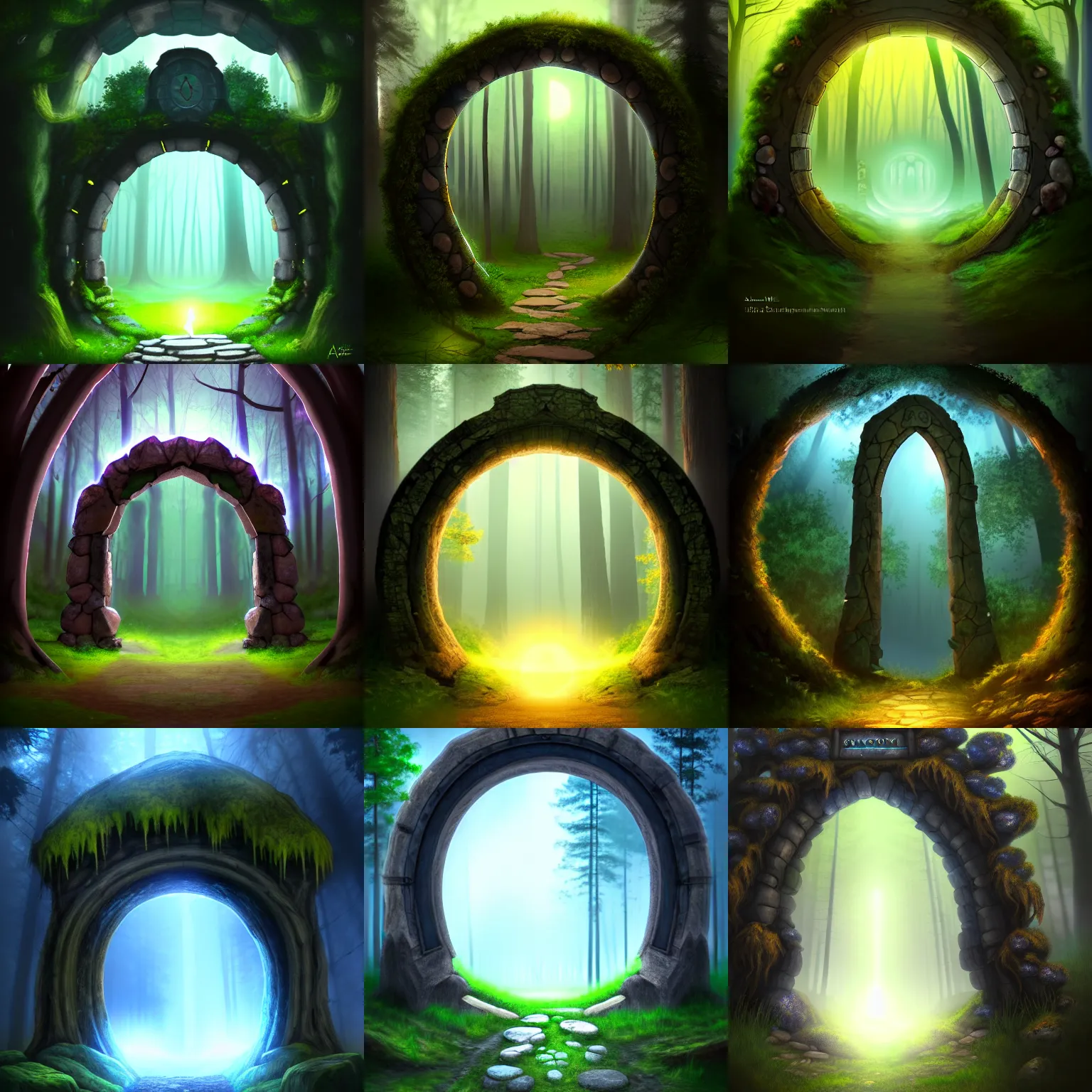 Image similar to A magical portal standing in the middle of a forest leading into another world. Gloomy, forest at night. Stone archway portal, centralized. The portal leads into a sunny world. Highly detailed, trending on artstation.