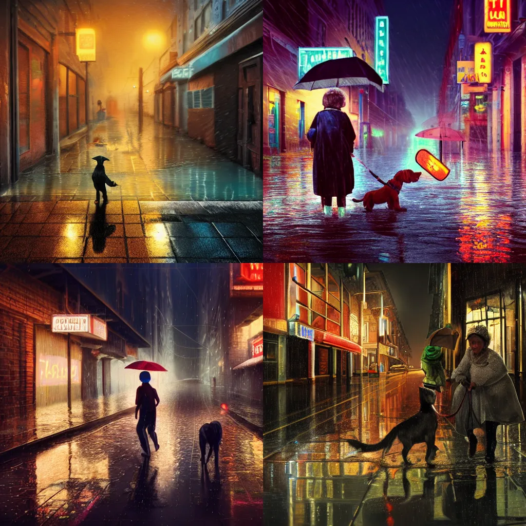 Prompt: a matte painting of a young boy and his pet dog helping an old woman to cross a street, rainy evening, water reflection on the floor, neon, next to alley. Super realistic, high detail, volumetric lighting, 4k, dynamic lighting