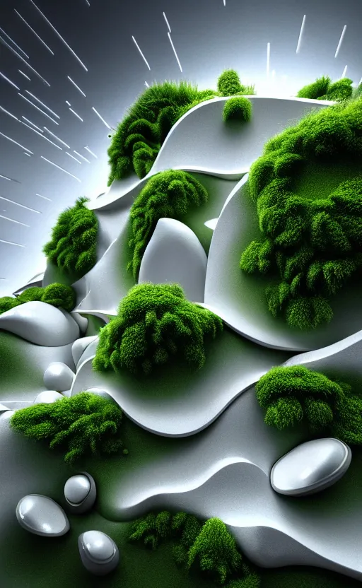 Image similar to highly detailed ultra sharp 3 d render cinematic composition of a smooth ceramic porcelain magnolia stone nebula biomorphic fluid fractal sci - fi surreal architecture landscape, metallic, white marble, foliage moss, vincent callebaut composition, mamou - mani, archviz, beautiful lighting, 8 k, unreal engine, hdr,