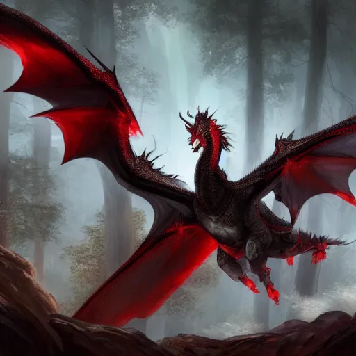 Prompt: cinematic shot of a black with red strips dragon flying over the forest with his wings white digital painting, artstation, concept art, soft light, hdri, smooth, sharp focus, illustration, fantasy, intricate, elegant, highly detailed, D&D, matte painting, in the style of Greg Rutkowski and Alphonse Mucha and artemisia, 8k, highly detailed, jurgens, rutkowski, bouguereau, pastoral, rustic, georgic
