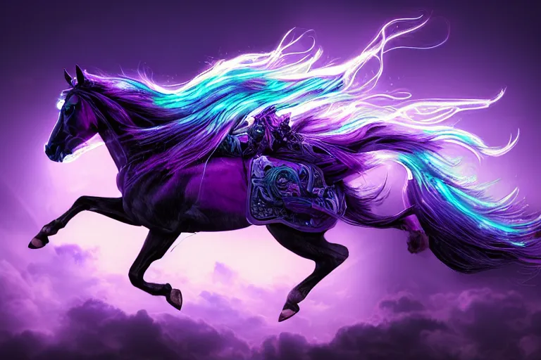 Image similar to a stunning horse with bioluminescent mane and tail running in the clouds by sandra chevrier and greg rutkowski, neon hooves, purple blue color scheme, vaporware, retro, outrun, high key lighting, volumetric light, digital art, highly detailed, fine detail, intricate, ornate, complex, octane render, unreal engine, photorealistic