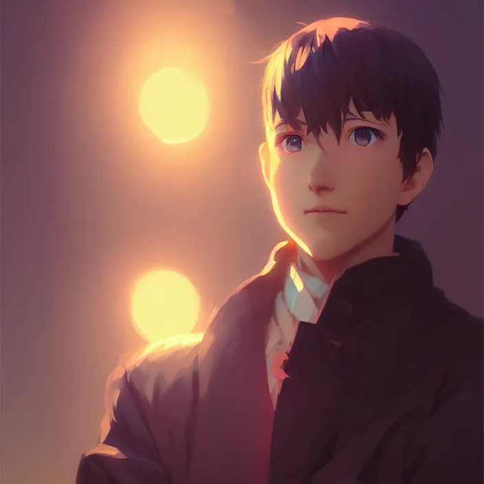 Image similar to a potrait of anime guy, fine details, night setting, realistic shaded lighting poster by ilya kuvshinov, katsuhiro, artgerm, jeremy lipkin, michael garmash, nixeu, unreal engine 5, radiant light, detailed and intricate environment