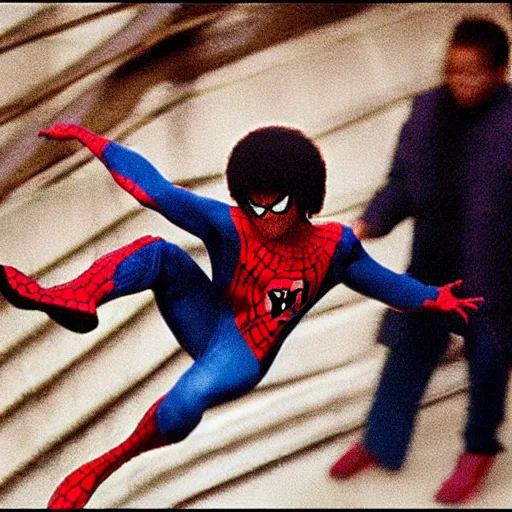 Image similar to Micheal Jackson playing spider man swinging with webs