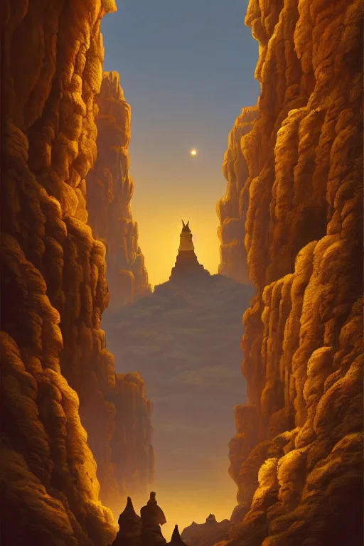 Prompt: ancient temple carved into canyon walls, monks standing around golden statue glowing yellow, light streaks in the sky, eclipse, dramatic lighting, artstation, matte painting, ralph mcquarrie, simon stalenhag