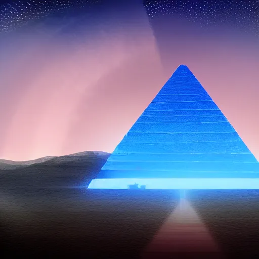 Image similar to big pyramid with blue glow lights and huge spaceship in sky, fog in background, realistic, 2 0 mm cinematic looking, drama, scary
