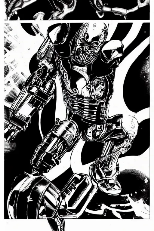 Image similar to ultron doing a high kick, a page from cyberpunk 2 0 2 0, style of paolo parente, style of mike jackson, adam smasher, johnny silverhand, 1 9 9 0 s comic book style, white background, ink drawing, black and white, colouring pages