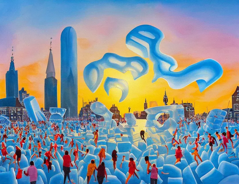 Image similar to a painting of a ice sculpture made of melting icecream in the shape of the skyline of amsterdam museum square and amsterdam houses on a very sunny bright summer sunset day, very hot and the ice is melting fast and people are swimming in the icecream in the style of james jean and fernando botero