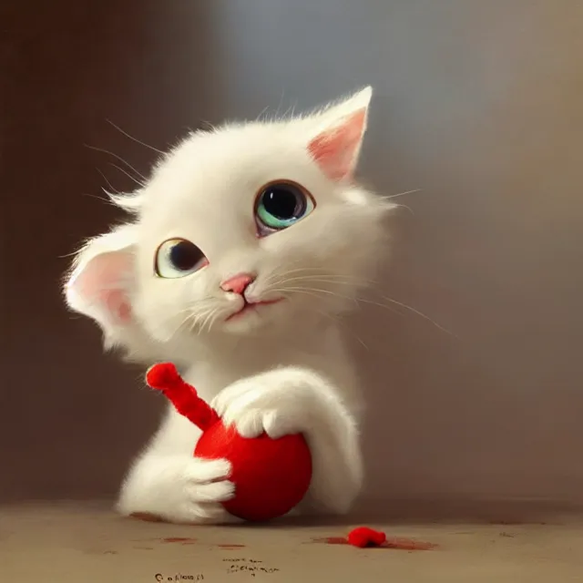 Image similar to a painting of a cute light beige kitten with dark brown ears and face and legs and tail and white paws playing with a red yarn ball. big eyes. character design by cory loftis, fenghua zhong, ryohei hase, ismail inceoglu and ruan jia. volumetric light, detailed, rendered in octane