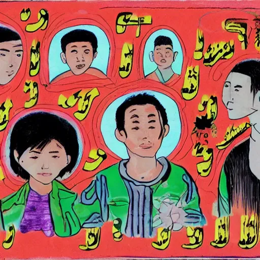 Image similar to a uyghur family in a prison, in the style of daniel johnston and outsider art, 4k, overlaid with chinese text