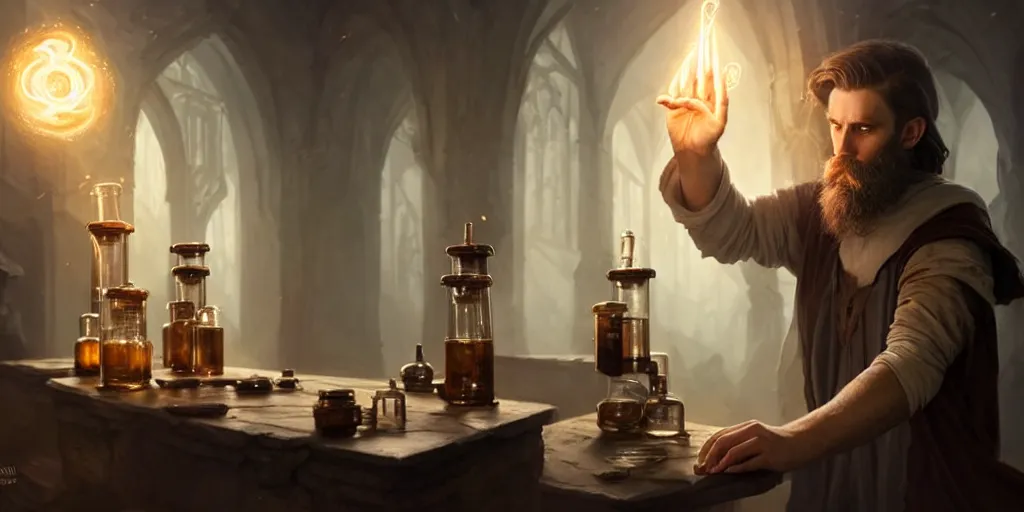 Prompt: a handsome bearded white male dark sorcerer with brown hair he is casting a spell from his hands, he is in a alchemist workshop filled with beakers and equipment, neutral pose, sharp focus, waist up, epic composition, 4 k, by greg rutkowski, rudy siswanto and anna podedworna