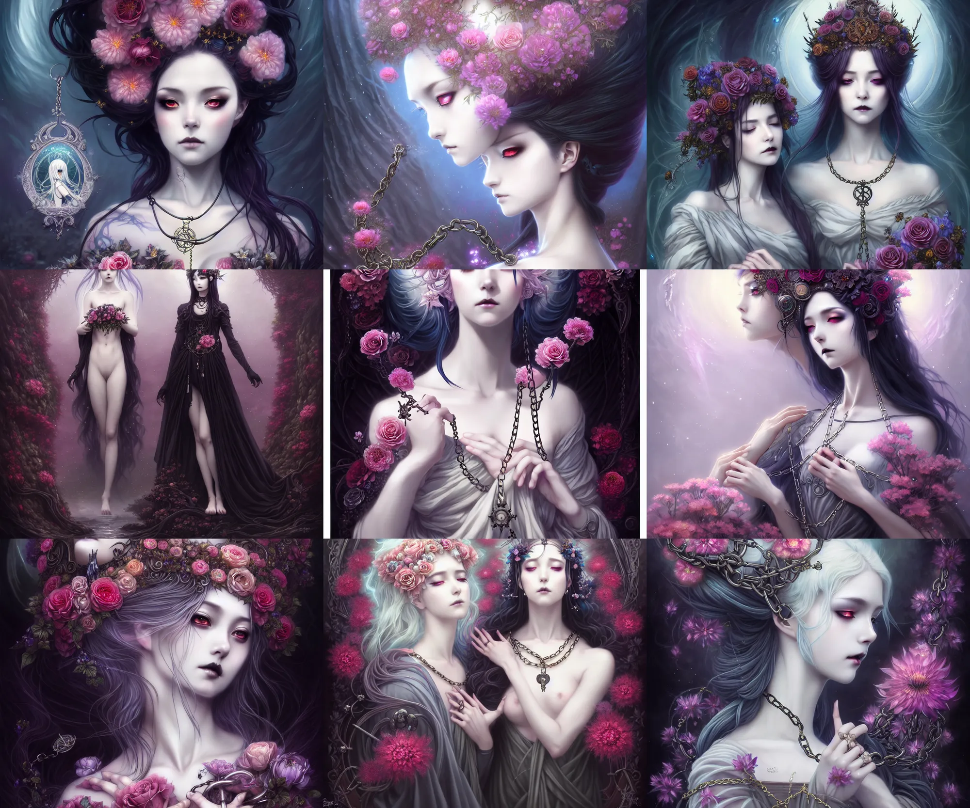 Prompt: stunning anime goddess of floral river flowers chained to kings throne, beautiful gothic dress, dark romance, misty, by cgsociety, in the style of charlie bowater, tom bagshaw, intricate, beautiful, artstation 8 k, high resolutionsparkling atom fractals of jewls cords, by alex grey and hr giger