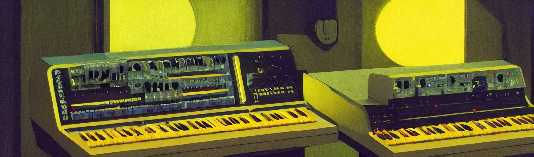 Prompt: a synthesizer in cassette futurism, added modeled around the keyboard, tactile buttons and lights, a large patch bat with hanging colored patch leads roland, moog, arp by moebius, edward hopper and james gilleard, zdzislaw beksinski, steven outram, hd, 8 k, artstation