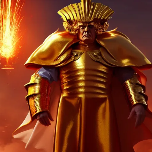 Prompt: Donald Trump as the god-emperor of mankind, he wears his golden armor, wrath on his face, epic full shot, cinematic lighting, matte painting, Artstationhd, 8k, , award winning on Artstation, hyper detailed, hyper realistic