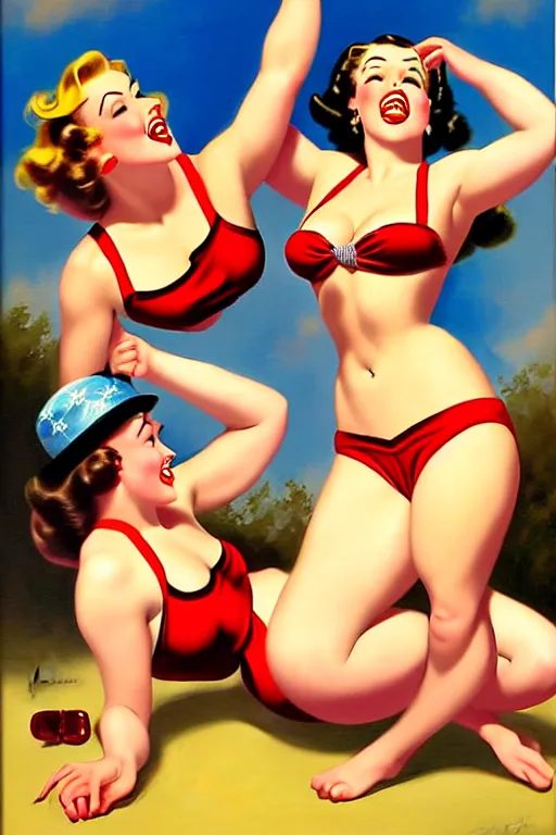Prompt: 1940s group of pinup bikini girls wrestling, oil painting, by Gil Elvgren