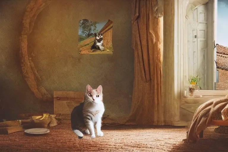 Image similar to a very very very very detailed matte painting of wide angle view on Cute Cat in Provence style Room,