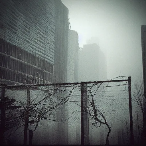 Prompt: “a city lost to time, empty, overgrown, desolate, foggy, atmospheric, subtle horror”