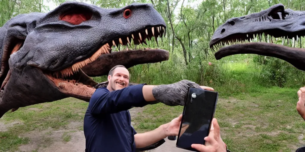 Prompt: a man taking a selfie beside a tyrannosaurus rex, award-winning photography, 8K UHD