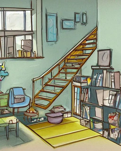 Prompt: a cartoon scene of a living room with stairs leading up to a window, concept art by hanna - barbera, featured on deviantart, environmental art, concept art, official art