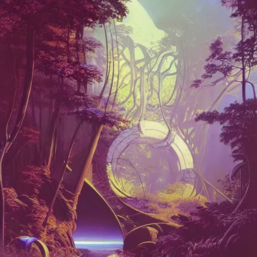 Image similar to portal in a middle of a lush futuristic forest, syd mead, john harris