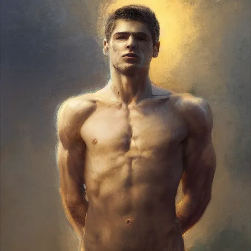 Image similar to handsome portrait of a young guy fitness posing, war hero, toned, radiant light, caustics, by gaston bussiere, bayard wu, greg rutkowski, giger, maxim verehin, alex grey,