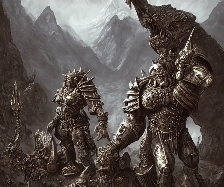 Prompt: trailcam footage grotesque horrific stylistic vray 3 d render of warhammer, silver ornate armor slim bodybuilder warriors, mountains and giant gothic abbeys, hyperrealism, fine detail, 8 k, artsation contest winner, cgsociety, fantasy art, cryengine, brush strokes, oil canvas by mandy jurgens and michael whelan