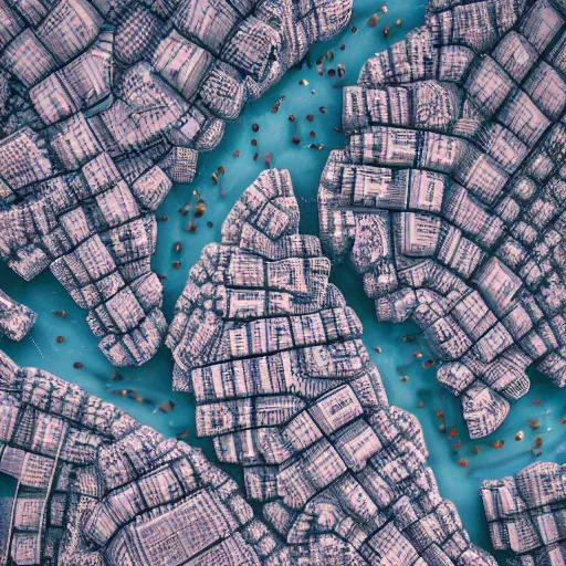 Prompt: birdview of city shaped into mandelbulb pattern