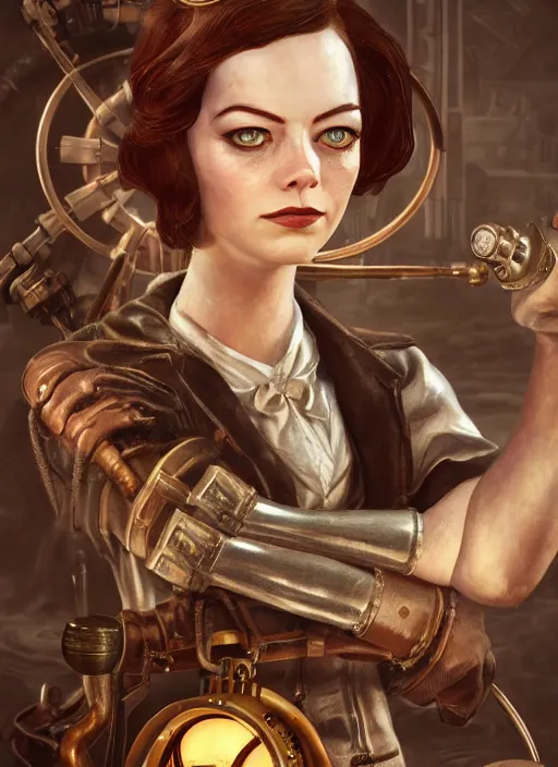 Image similar to Bioshock steampunk portrait of Emma Stone, au naturel, hyper detailed, digital art, trending in artstation, cinematic lighting, studio quality, smooth render, unreal engine 5 rendered, octane rendered, art style by klimt and nixeu and ian sprigger and wlop and krenz cushart