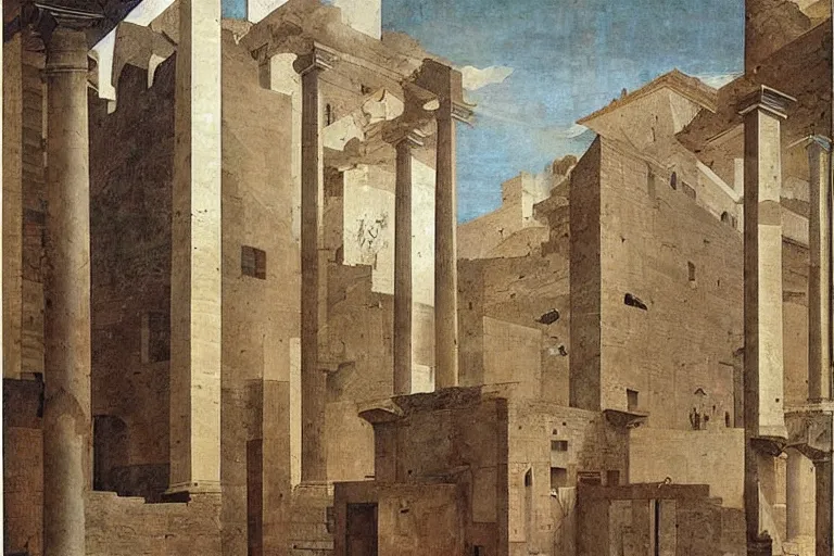 Prompt: non euclidian colossal renaissance stanilist architecture with perspective, by Pierro della Francesca, utopia