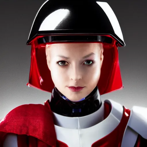 Image similar to headshot of a beautiful female soldier in glossy sleek primarily white armor with tiny red details and a long red cape, looking up at camera, determined expression, no helmet, on the surface of mars, night time, cinematic, sci-fi, hyperrealistic