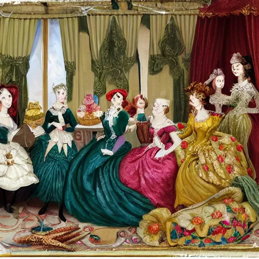 Image similar to a social gathering with major noblewomen wearing extravagant dresses, reclining on feather pillows, sipping tea and gossiping while eating lemon cakes.