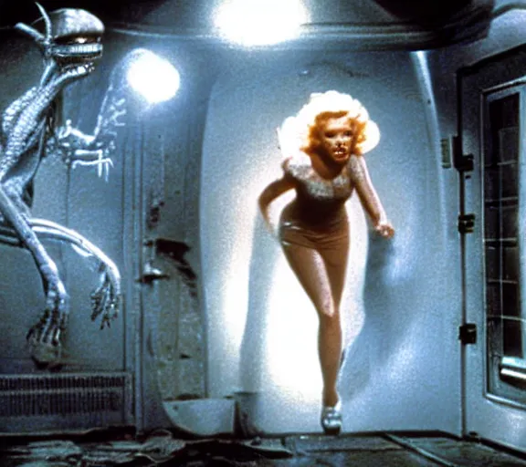 Prompt: a movie still of marlin monroe in the movie alien running from a xenomorph, fear, led lights, panic