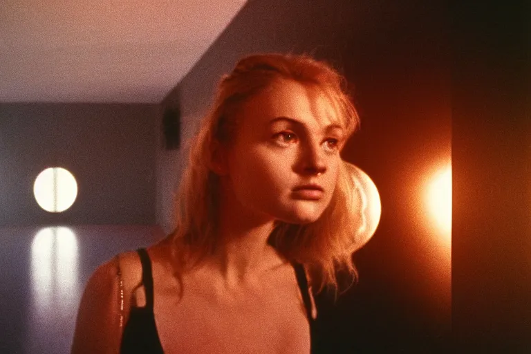 Image similar to backlit photograph of awestruck young woman standing in front of tall black box radiating esoteric energy in suburban living room, crisp focus, highly detailed, in nicolas roeg style, 3 5 mm ektachrome