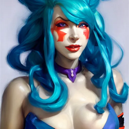 Image similar to greg manchess portrait painting of partially armored blue haired jinx from league of legends as overwatch character, medium shot, asymmetrical, profile picture, organic painting, sunny day, matte painting, bold shapes, hard edges, street art, trending on artstation, by huang guangjian, gil elvgren, ruan jia, greg rutkowski, gaston bussiere