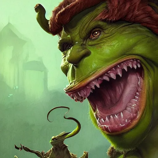 Image similar to Epic portrait A green fat goblin with a sharp chin stealing bag of money with his hands, Side profile, sharp teeth, small, digital painting, artstation, concept art, soft light, hdri, smooth, sharp focus, illustration, fantasy, intricate, elegant, highly detailed, D&D, matte painting, in the style of Greg Rutkowski and Alphonse Mucha and artemisia, 8k, highly detailed, jurgens, rutkowski, bouguereau, pastoral, rustic, georgic