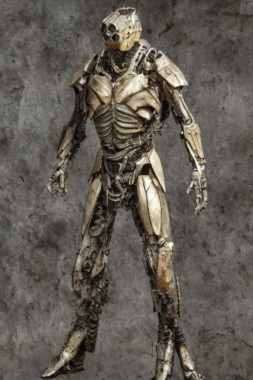 Prompt: photo taken of an epic intricate, ultra detailed, super realistic gritty, hero prop, exquisitely weathered armoured hazardsuit movie props, created by weta workshop, full body shot, photorealistic, sharp focus, white wall, cold colour temperture, golden ratio