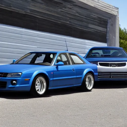 Prompt: A mix of Denim Blue Audi A4 B6 Avant (2002) and a Chevrolet Camaro (1969), even wider shot