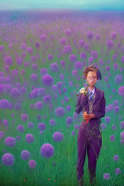 Prompt: portrait, huge thistle flowers under head, a girl in a suit in field of flowers, surreal photography, sunrise, blue sky, dramatic light, impressionist painting, digital painting, artstation, simon stalenhag