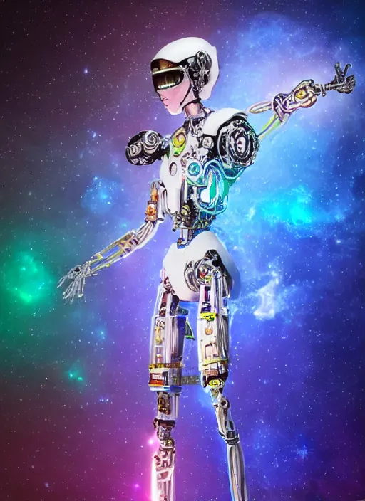 Prompt: intricate cyborg pilot girl with electromechanical robot parts, connected made of and covered with many colorful wires, featuring beautiful detailed machined crystal eyes glowing with nebula, background glowing game server powered by galaxies. backlit luminous shiny metallic